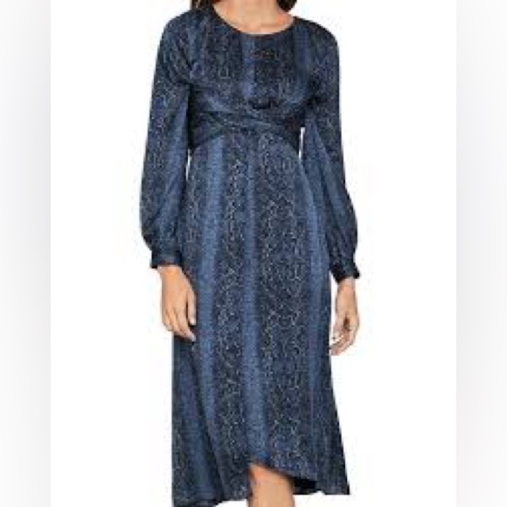BCBGMAXAZRIA Women's Satin Blouson MIDI Dress Sz XS Blue Python LS